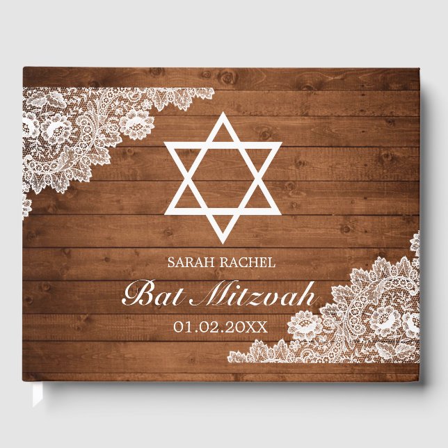 Livre D'or Bat mitzvah de bar en dentelle rustique et blanc (Recto)