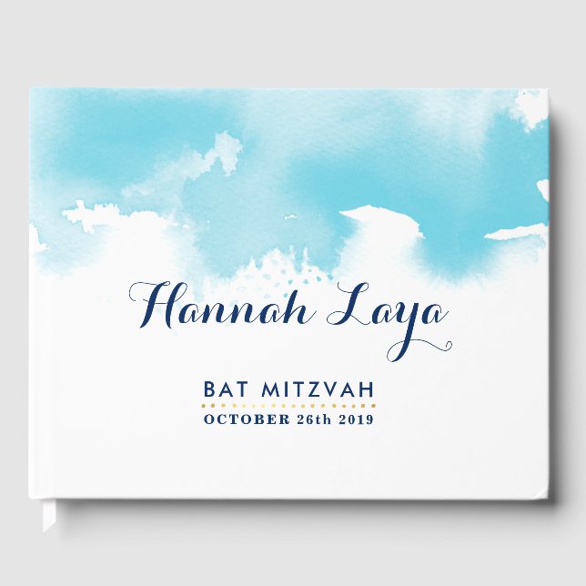 Livre D'or BAT MITZVAH moderne jolie aquarelle bleu marine (Recto)