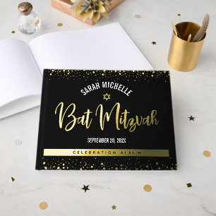 Livre D'or Bat Mitzvah Noir Écriture Moderne Feuille d'Or Rée