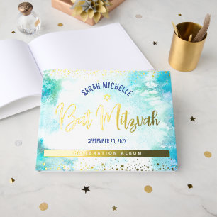 Livre D'or Bat mitzvah Turquoise Aquarelle Script Gold Foil