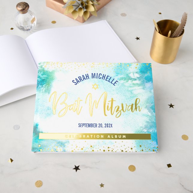 Livre D'or Bat mitzvah Turquoise Aquarelle Script Gold Foil (Recto ouvert)