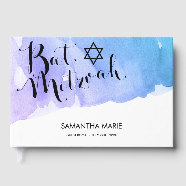 Livre D'or Bat mitzvah Turquoise d'aquarelle violet (Recto)