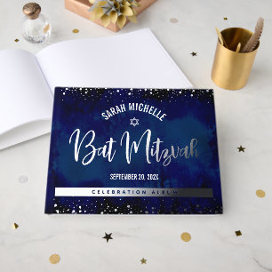 Livre D'or Batik Navy de Bat Mitzvah Aquarelle Argenté Feuill