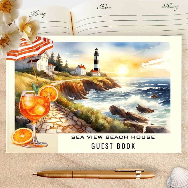 Livre D'or Beach House Lighthouse Location de vacances (Hospitality guest book featuring a watercolor illustration of a coastal scene with lighthouse)