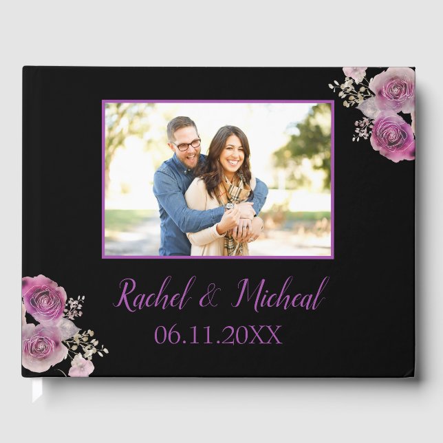 Livre D'or Beau Mariage d'aquarelle violet et noir (Recto)