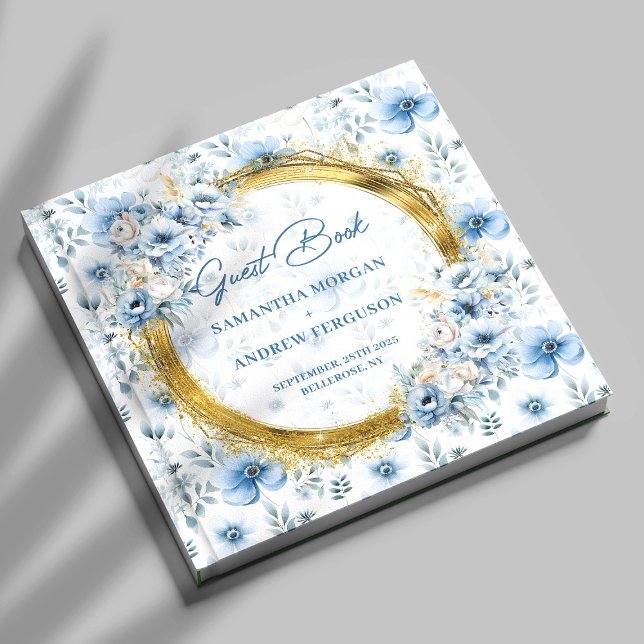 Livre D'or Beau Pastel Blue Flowers Gold Parties scintillant  (Beautiful Pastel Blue Flowers Gold Glitter Wedding Guest Book)