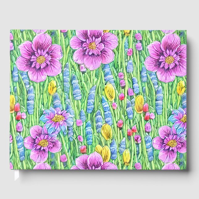 Livre D'or Belle aquarelle fleurie Vibrante violet vert (Recto)