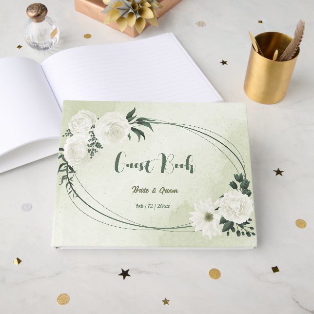 Livre D'or Belle fleurs blanches vert feuille mariage (Recto ouvert)