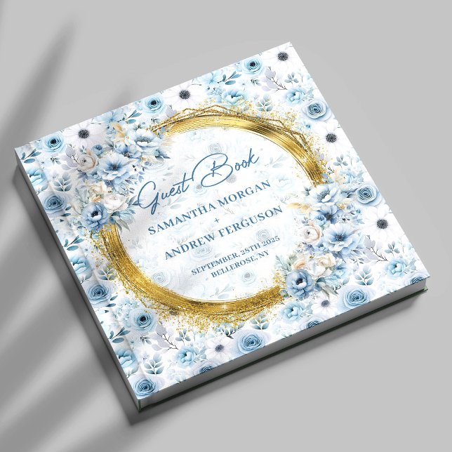 Livre D'or Belle Fleurs Bleues Bleues Lumière Mariage Parties (Beautiful Light Blue Flowers Gold Glitter Wedding Guest Book)