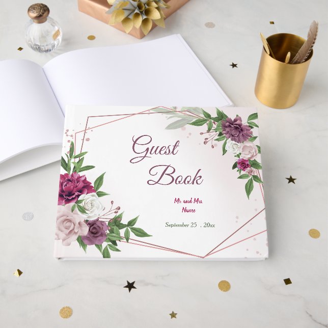 Livre D'or belle rose mauve bordeaux fleurs géométrique (Recto ouvert)