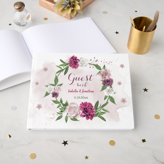 Livre D'or belle rose mauve bordeaux fleurs vert (Recto ouvert)