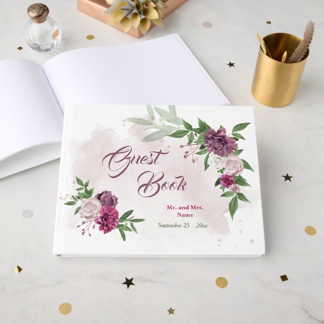 Livre D'or belle rose mauve bordeaux fleurs vert (Recto ouvert)