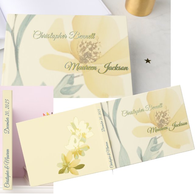 Livre D'or Beurre pâle Jaune Doux Bleu Mariage Floral (This Gold Foil Yellow Floral Guest Book Can be used for a Collection of Memories from you Wedding.)