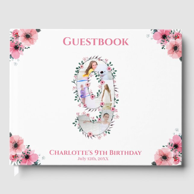 Livre D'or Big 9th Birthday Photo Collage Flower Girl White (Recto)