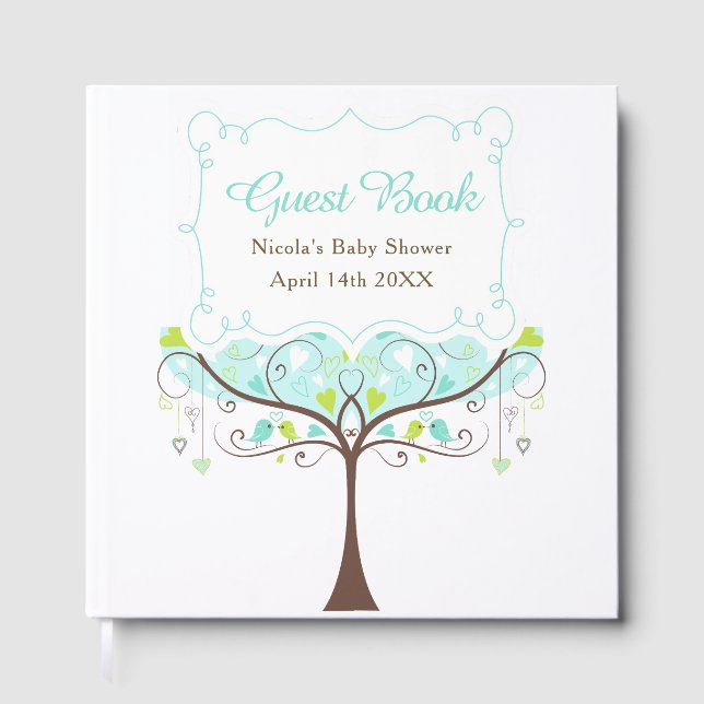 Livre D'or Birds Hearts Tree Blue and Green Baby Shower (Recto)