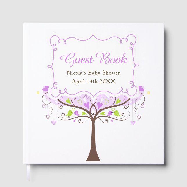 Livre D'or Birds Hearts Tree Purple and Green Baby Shower (Recto)