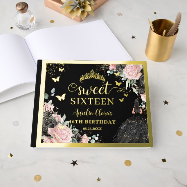 Livre D'or Black and Pink Floral Sweet Sixteen 16th Birthday (Recto ouvert)