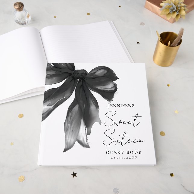 Livre D'or Black Bow Coquette Script Sweet 16 Party (Recto ouvert)