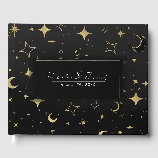 Livre D'or Black & Gold Moderne Lune Céleste Étoiles Mariage (Recto)