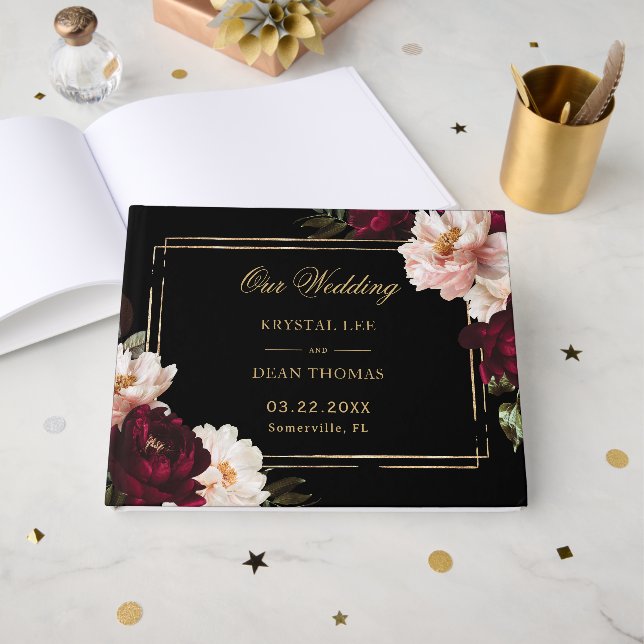 Livre D'or Black Moody Burgundy Blush Floral Wedding Seating  (Recto ouvert)