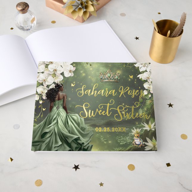 Livre D'or Black Princess and Frog Sage Green Dress Sweet 16  (Recto ouvert)