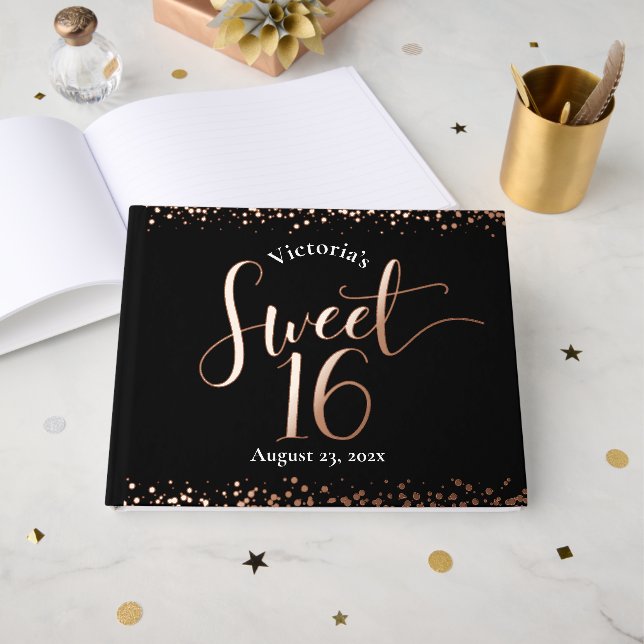 Livre D'or Black Sweet 16 Anniversaire Glam Real Rose Gold Fo (Recto ouvert)