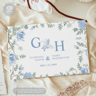 Livre D'or Blanc Léger Paste Bleu Fleurs Florales Mariage