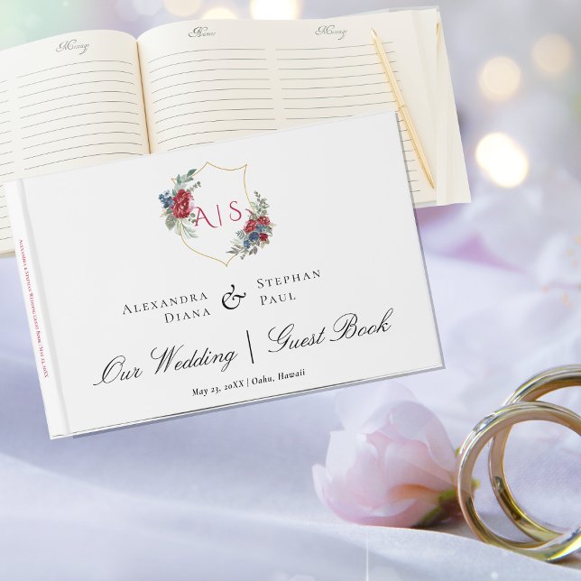 Livre D'or Blason botanique à l'aquarelle de roses magenta mo (Créateur téléchargé)