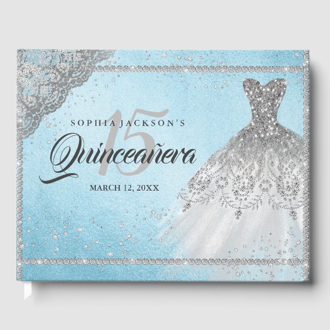 Livre D'or Bleu argenté diamant étincelle Quinceanera (Recto)