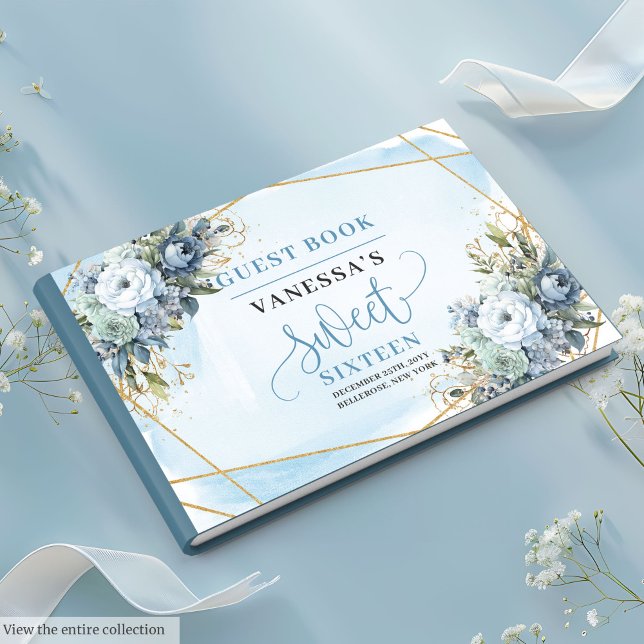 Livre D'or Bleu doré Bleu blanc Sweet sixteen floral 16e (Golden Dusty Blue White Floral Sweet Sixteen Guest Book)