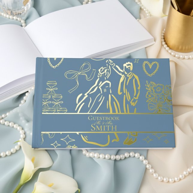 Livre D'or Bleu Dusty classique main dessinée Mariage croquis (Remember your special day with this keepsake Gold Foil Guest Book!)