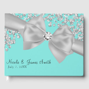 Livre D'or Bleu Grand Blanc Nœud Diamants Chic Mariage