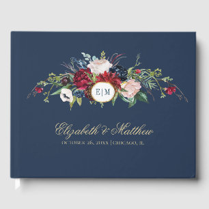 Livre D'or Bleu marine   Burgundy Bloom Watercolor Mariage