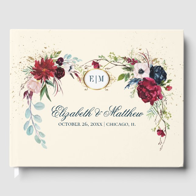 Livre D'or Bleu marine | Burgundy Bloom Watercolor Mariage (Recto)