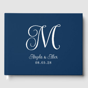 Livre D'or Bleu marine et joli monogramme de mariage bouclé b