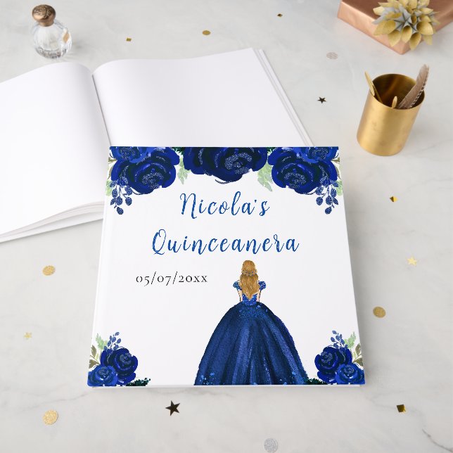 Livre D'or Blonde Hair Princess Navy Quinceanera Guest Book (Recto ouvert)