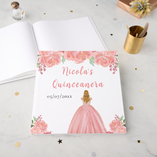Livre D'or Blonde Hair Princess Pink Quinceanera Guest Book (Recto ouvert)