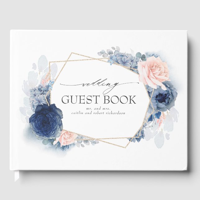 Livre D'or Blue Blush Watercolor Flowers Mariage élégant (Recto)