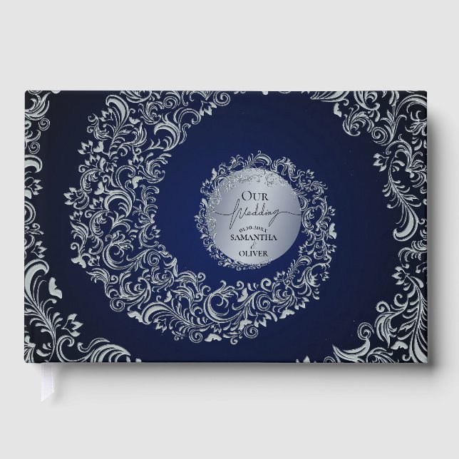 Livre D'or Blue Elegant Damask Wedding (Recto)