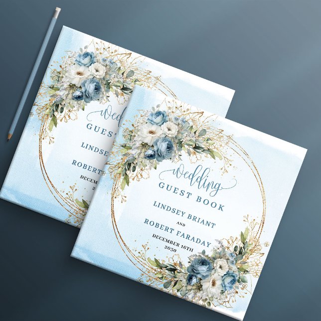 Livre D'or Blue Floral Eucalyptus Gold Wedding Sign In Book (Blue Floral Eucalyptus Gold Wedding Sign In Book)
