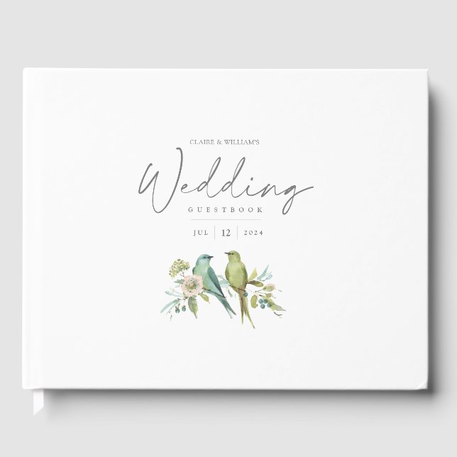 Livre D'or Blue Green Birds Botanical Watercolor Mariage (Recto)