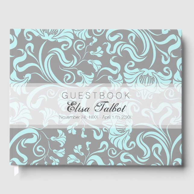 Livre D'or Blue Grey Floral Motif Damask Funeral Guest Book (Recto)