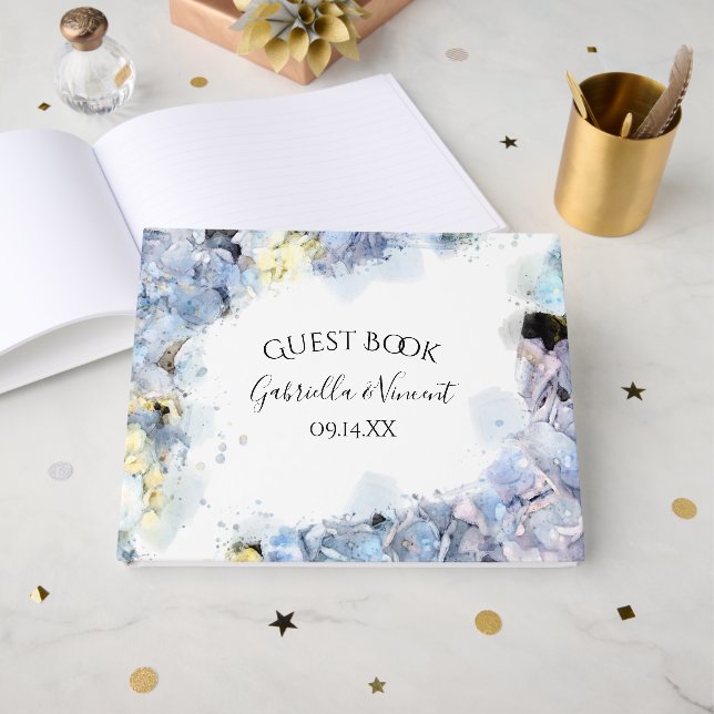 Livre D'or Blue Hydrangea Fleurs Mariage d'aquarelle (Recto ouvert)