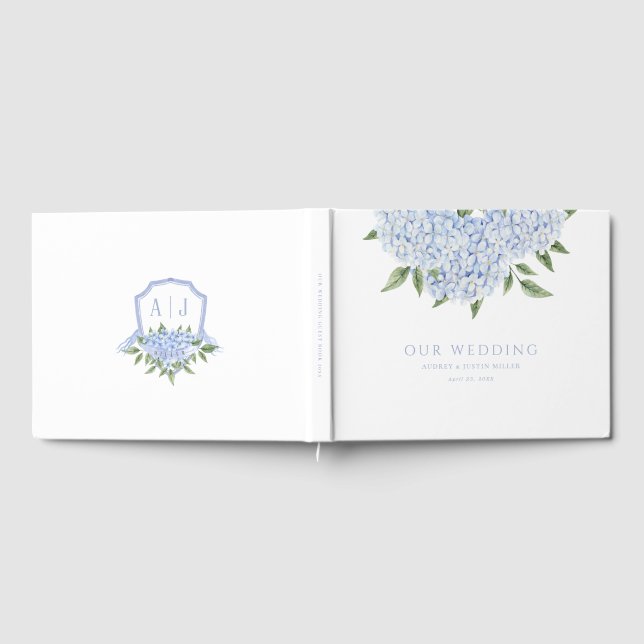 Livre D'or Blue Hydrangea Flowers & Crest, Mariage (Complet)