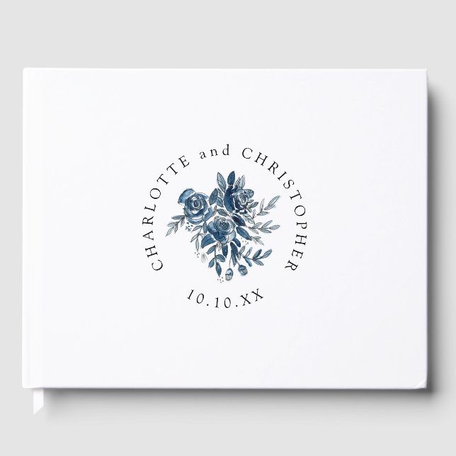 Livre D'or Blue indigo aquarelle lin fleuri mariage (Recto)