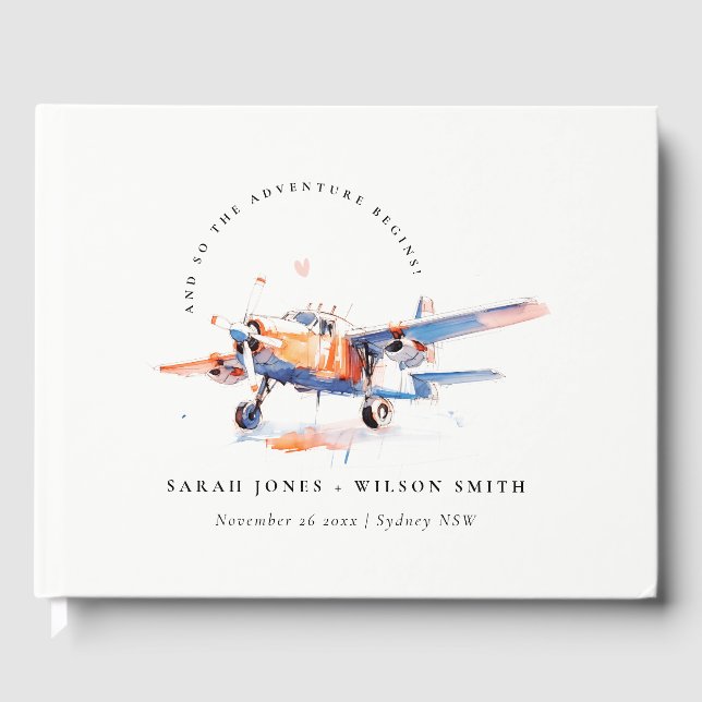 Livre D'or Blue Orange Blush Aquarelle Air Plane Mariage (Recto)