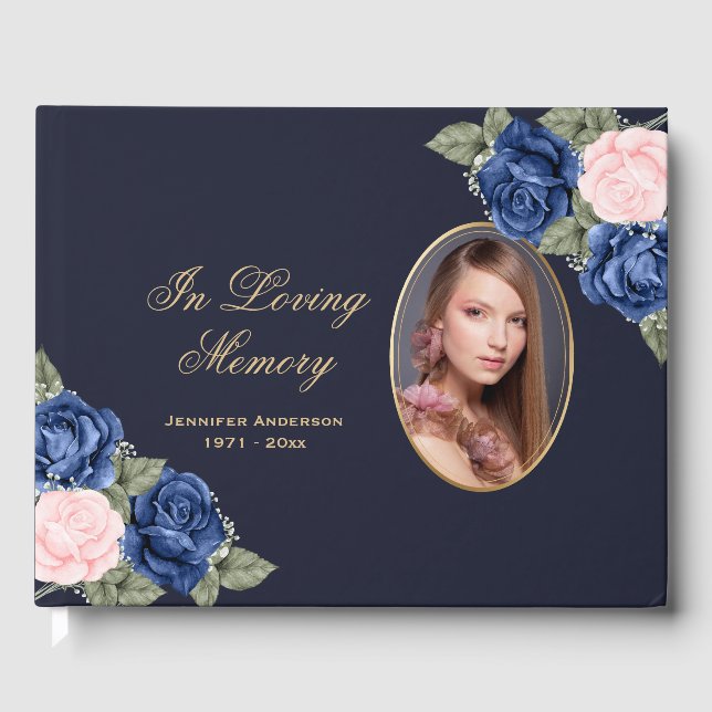 Livre D'or Blue Pink Gold Floral Photo Memorial Funérailles (Recto)