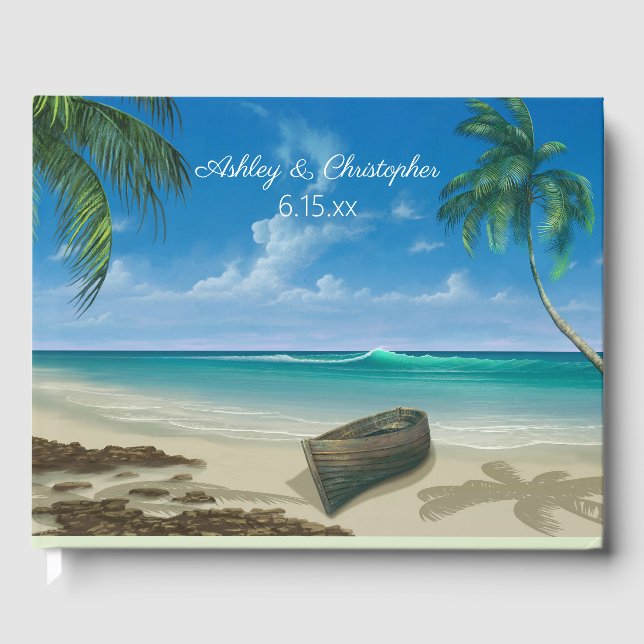 Livre D'or Blue Tropical Ocean Beach Bateau Palm Trees Mariag (Recto)