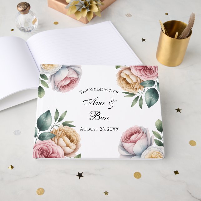 Livre D'or Blush and Ivory Rose Floral Wreath Wedding (Recto ouvert)