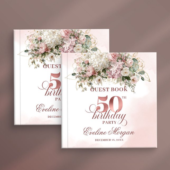 Livre D'or Blush Flowers Rose Gold Greenery 50th Birthday   (Blush Flowers Rose Gold Greenery 50th Birthday Party Guest Book

)